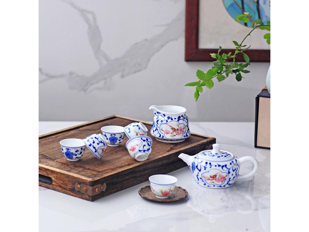 8头青花斗彩功夫茶具 水点桃花