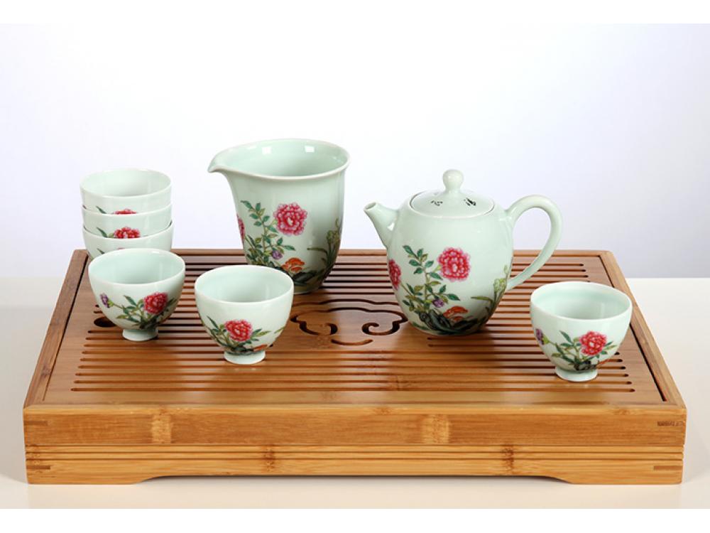 8头手绘青釉功夫茶具-灵祝富贵