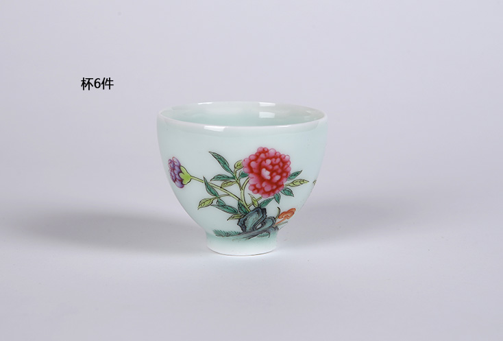 8头手绘青釉功夫茶具-灵祝富贵