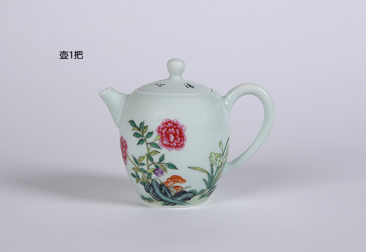 8头手绘青釉功夫茶具-灵祝富贵