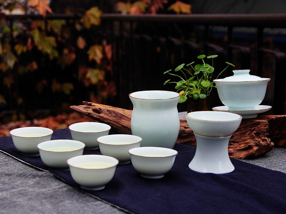 9头全手工青釉金镶玉功夫茶具