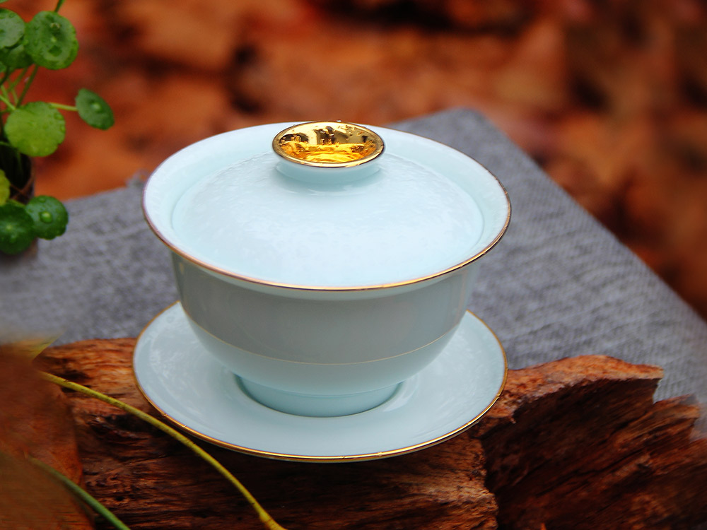 9头全手工青釉金镶玉功夫茶具