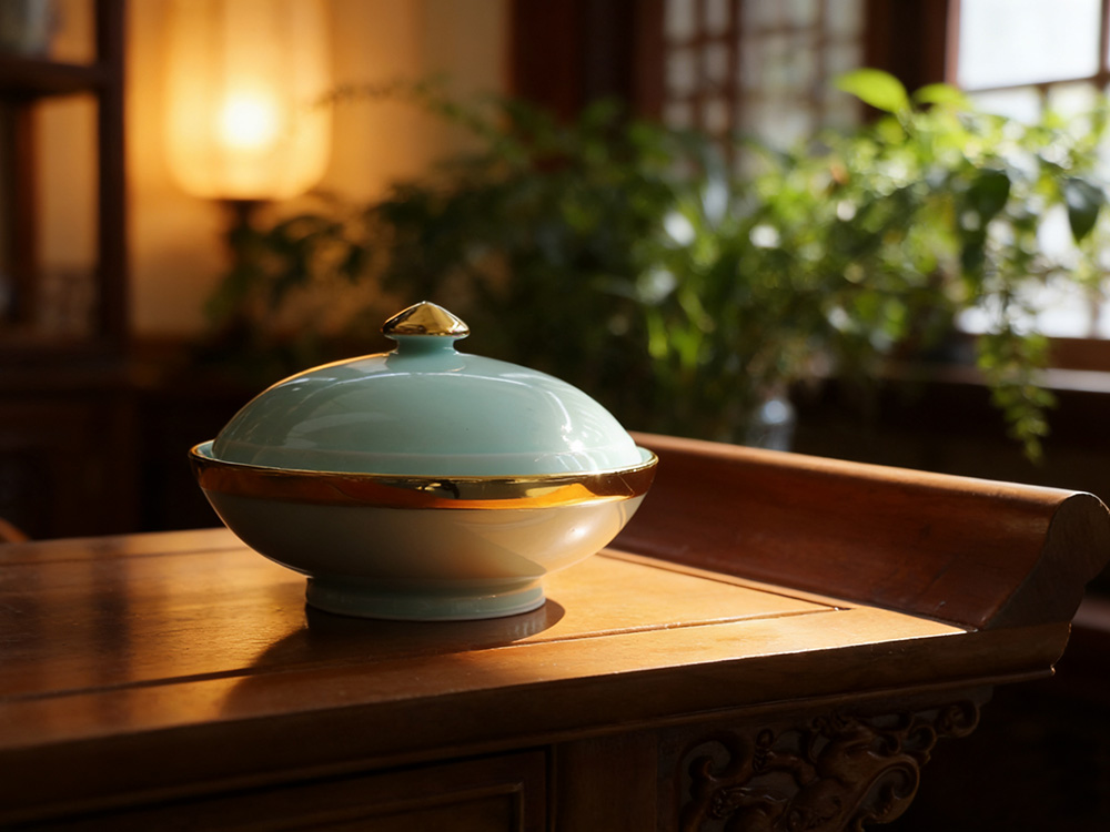 38头全手工青釉金镶玉中餐具