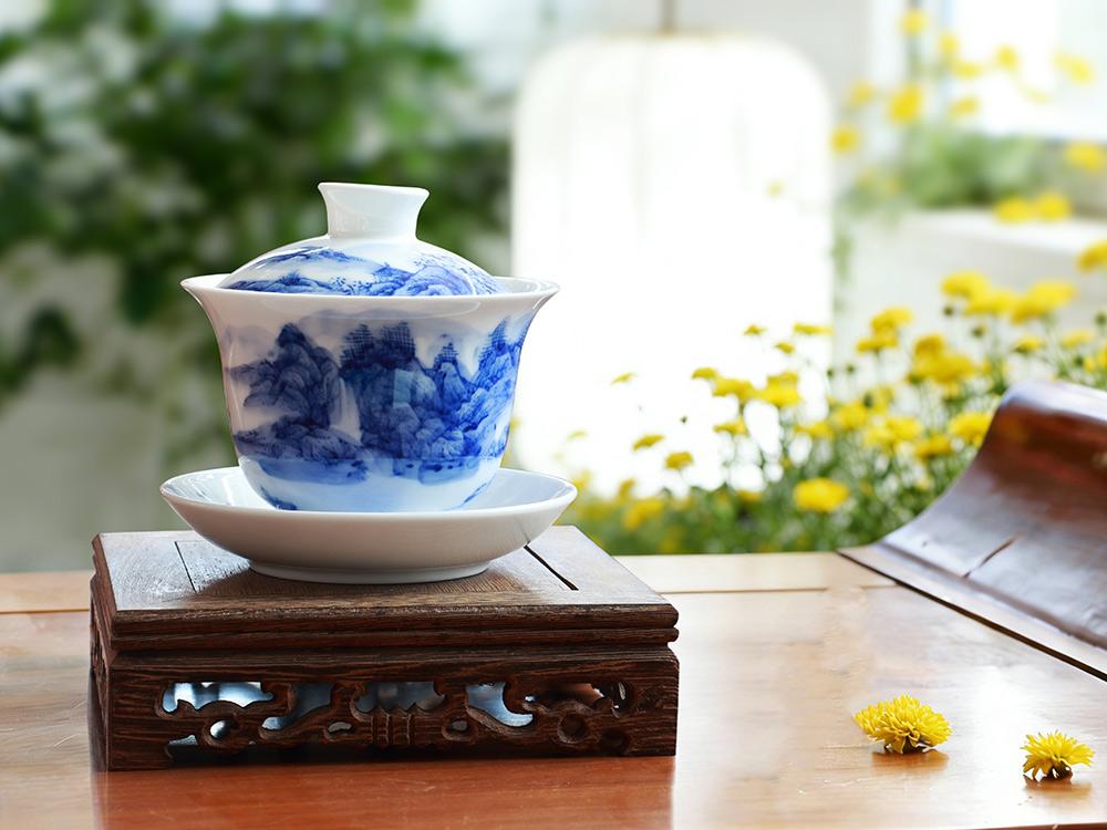 1头手绘山水盖碗