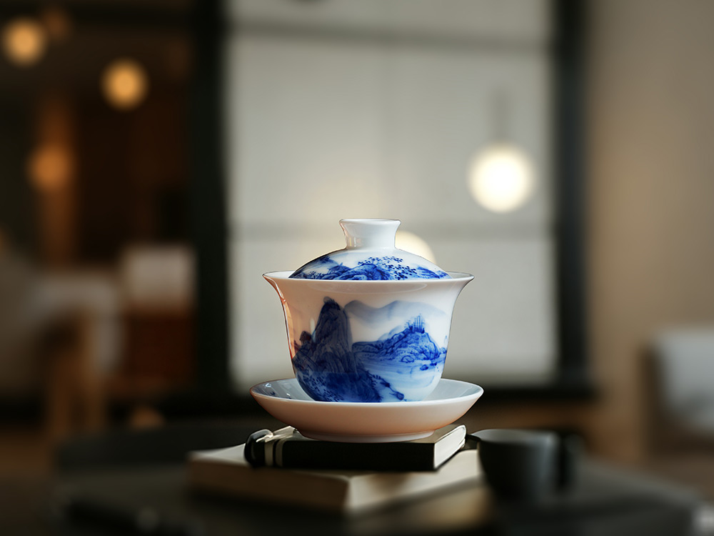 1头手绘山水盖碗