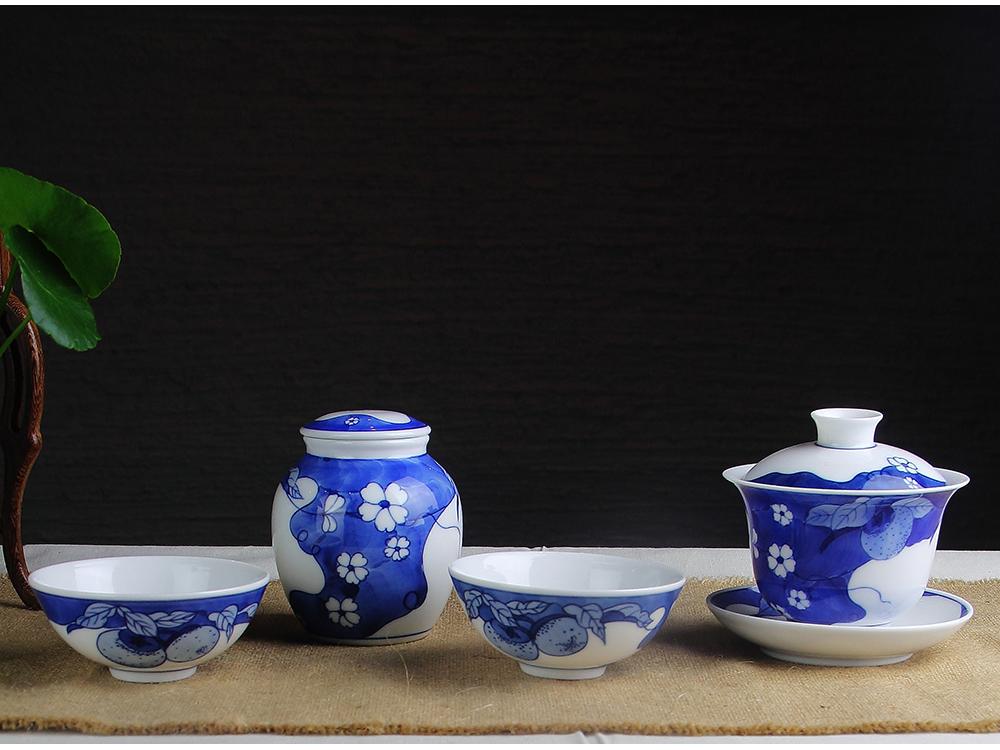 4头手绘釉下青花事事如意功夫茶具