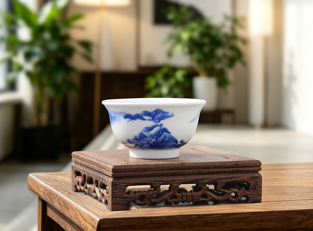 全手工青花重工山水金品压手杯